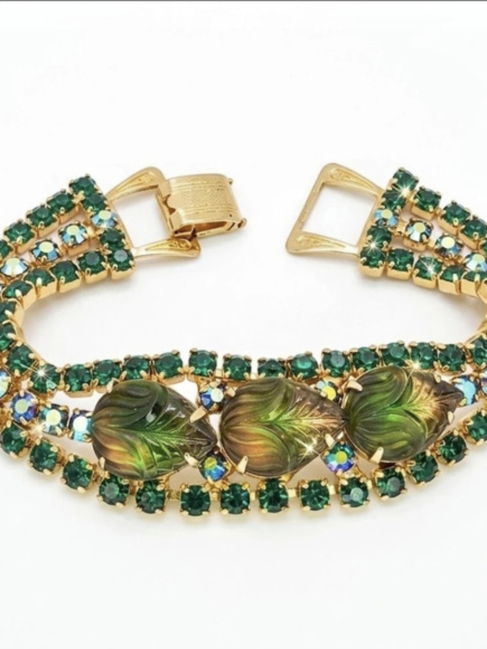 Vintage Juliana Green AB Rhinestone Molded Art Glass Leaf Fruit Salad Bracelet